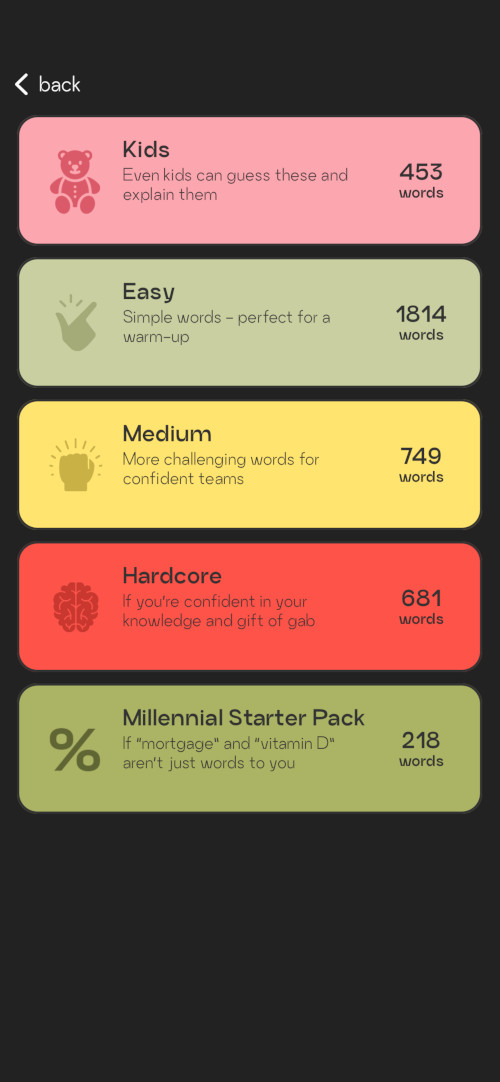Themed word packs and categories in Alias word guessing game